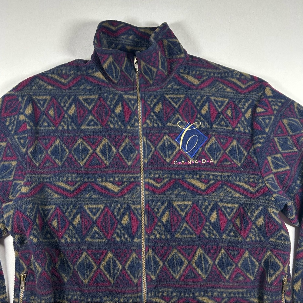 Vintage Cityscape Fleece Full Zip Sweater Men’s Large Canada Embroidered Tribal